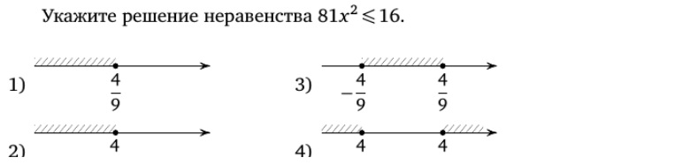 На каком рисунке изображено множество решений неравенства 81x в квадрате больше или равно 16